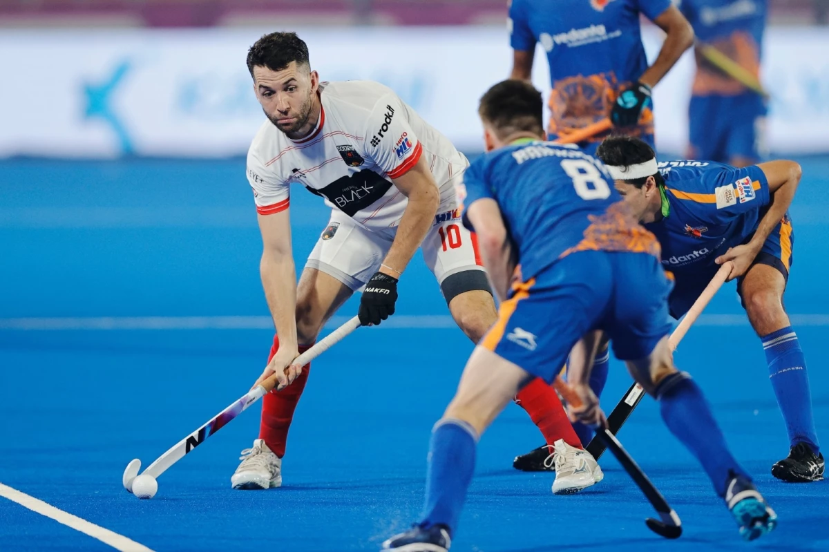 Foto: @SoormaHC. Nicolás Della Torre anotó en la Liga de Hockey de la India. Fue victoria de Soorma por 4-3