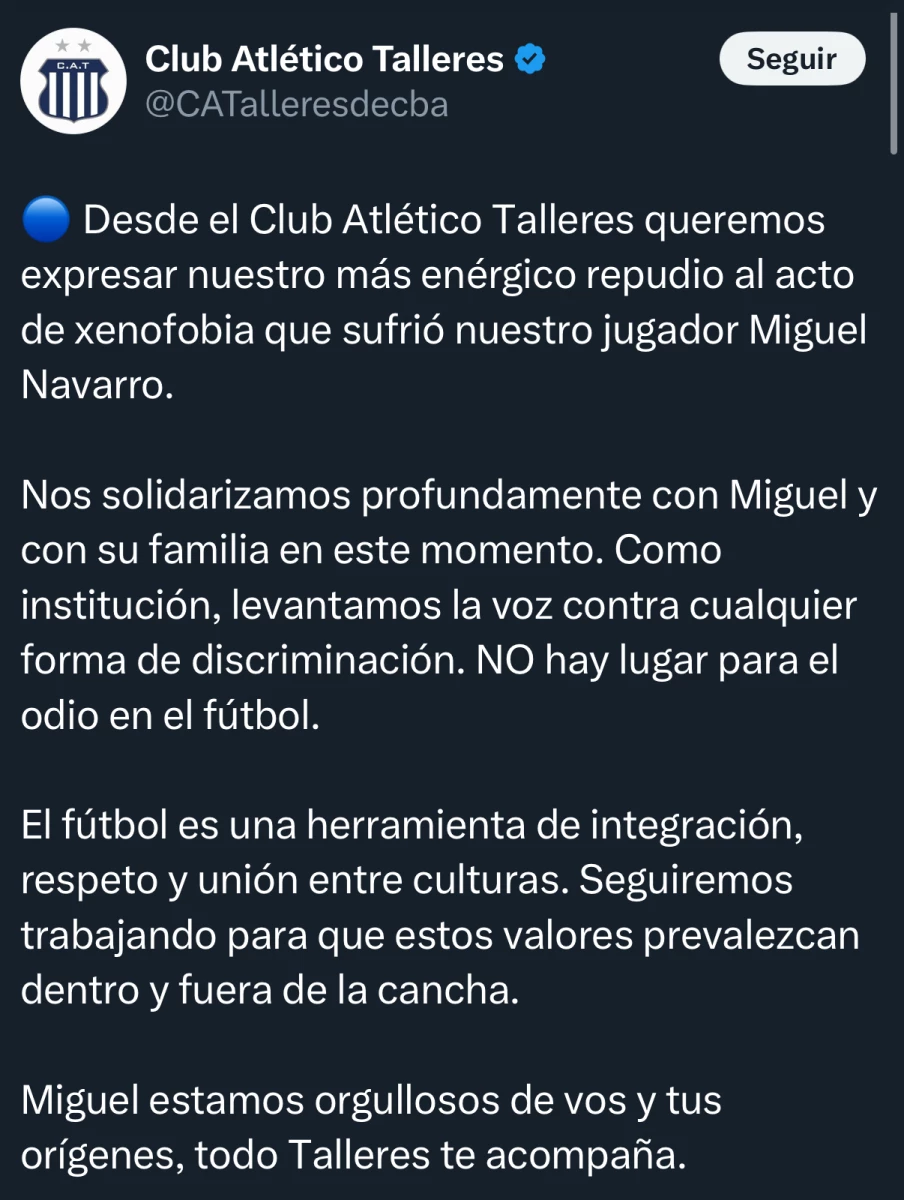 Foto: Comunicado de Talleres de Córdoba.