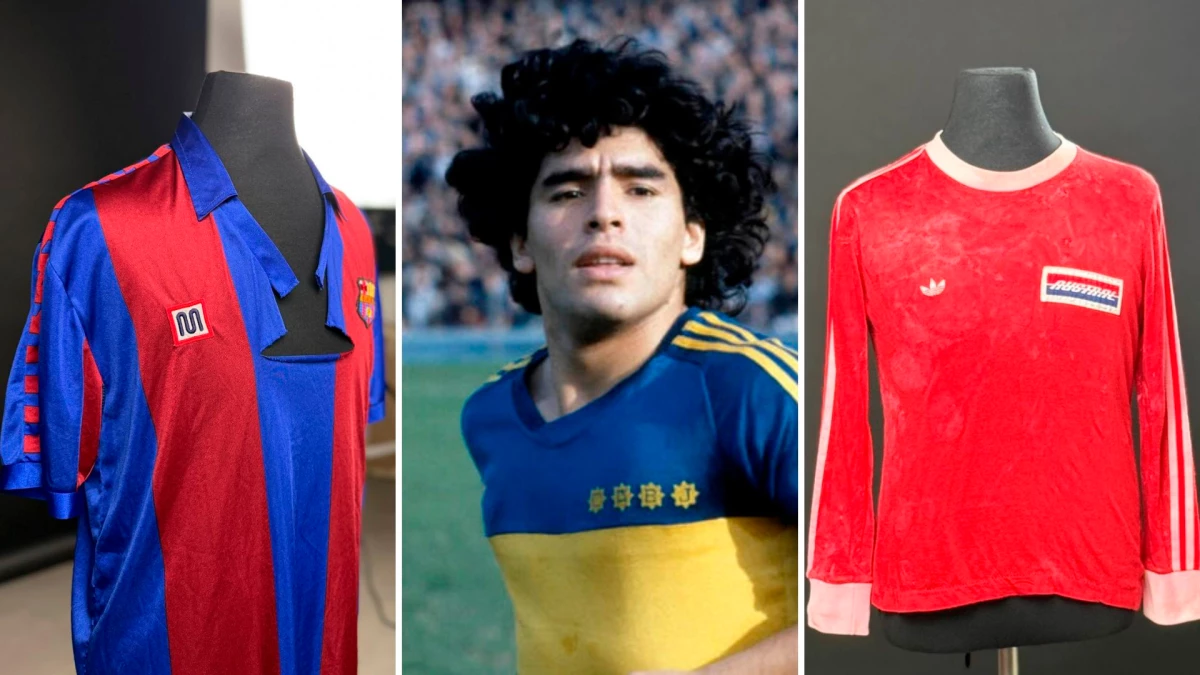 Maradona y dos de sus &nbsp;camisetas más icónicas: Barcelona FC y Argentinos Juniors | Foto: Prensa