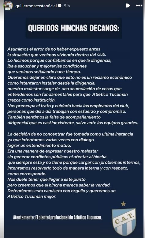 El texto firmado por el plantel del Decano. Foto: @guillermoacostaoficial