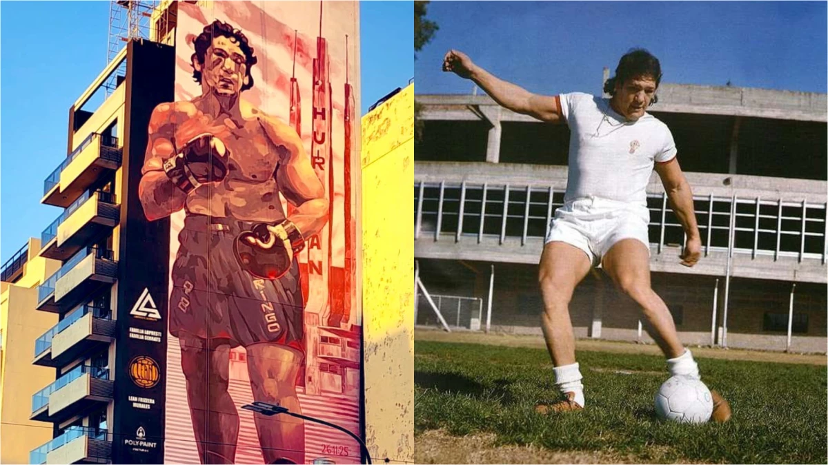 El mural de 11 pisos de Ringo y una vieja imagen del boxeador con la camiseta del Globo. Foto: @lean_frizzeraArchivo.