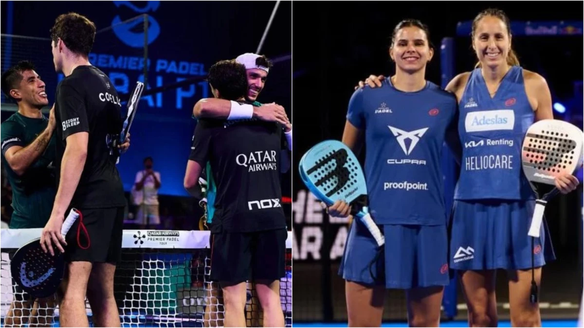 De un lado las parejas de Tapia y Chingotto y del otro, las número 1 del femenino con Delfi Brea. Foto: @premierpadel