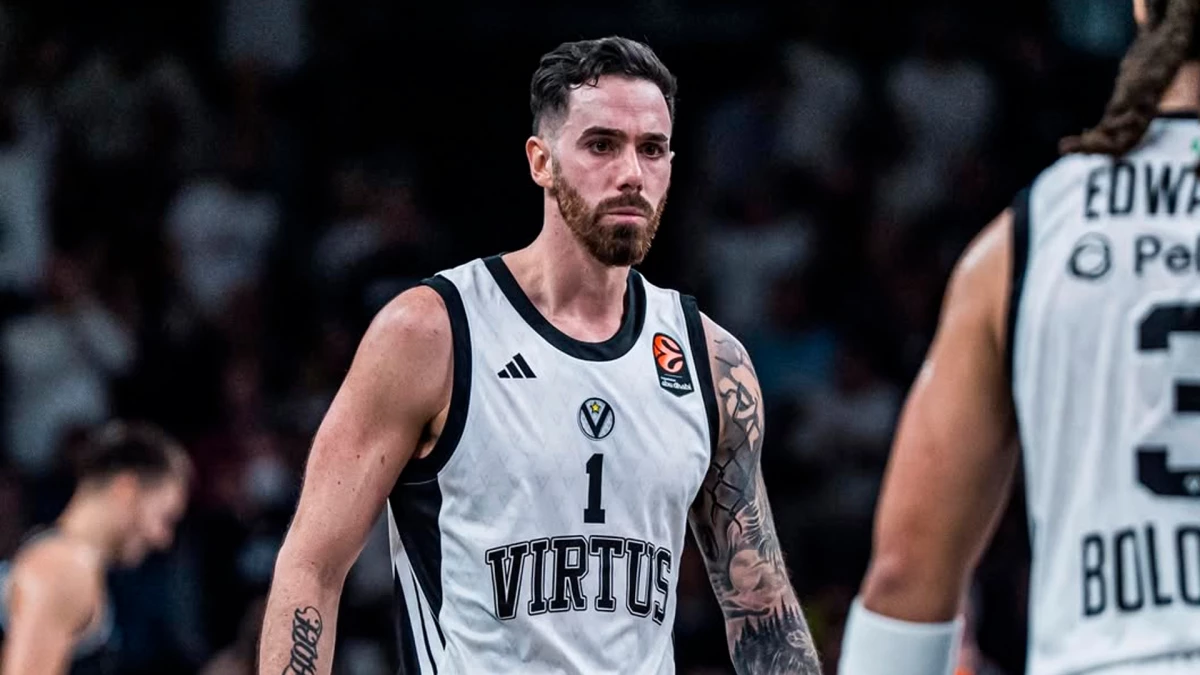 Foto:@VirtusBo. El marplatense Luca Vildoza dijo presente en el triunfo del Virtus por la Euroliga
