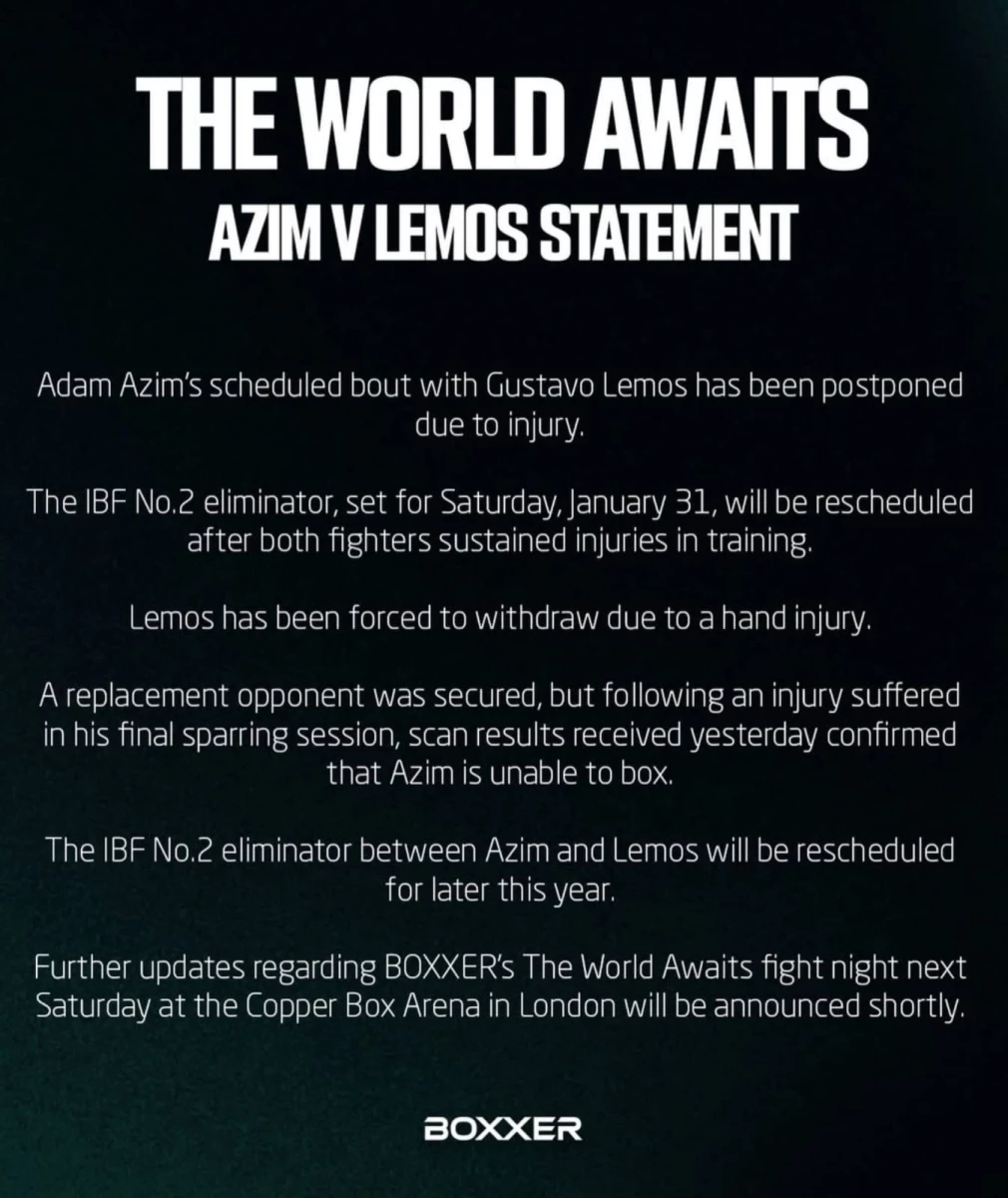 Foto: El comunicado de la promotora Boxxer informando de la suspensión del choque Lemos-Azim