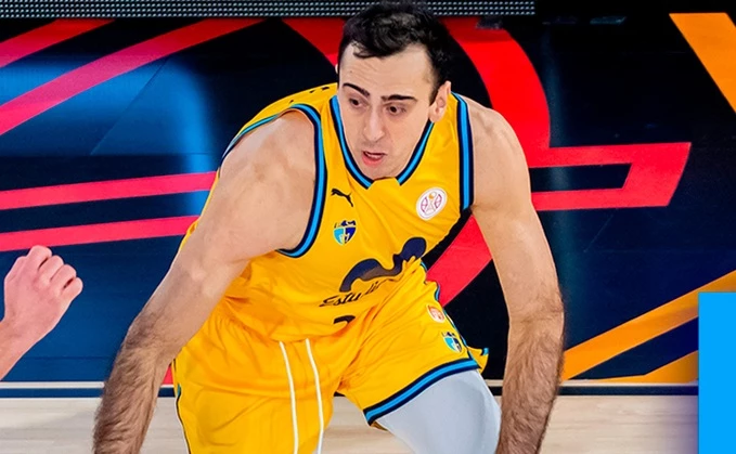 Foto:@MovistarEstu. El cordobés Vaulet acumuló 8 puntos y 5 rebotes en el conjunto madrileño