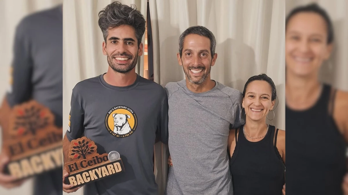Las primeras tres posiciones: Agustín Casajús, Darío Arauz y Ana Clara Ferrere.Foto del “El Ceibo Backyard Ultra” (@elceibo_backyardultra).