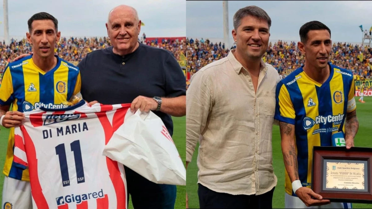 Luis Spahn, a la izquierda, le entrega a Di María una camiseta de Unión con su nombre. A la derecha, Andrés Barovero le ofrenda al campeón del mundo una plaqueta a modo de homenaje | Fotos: X@Copa_Argentina