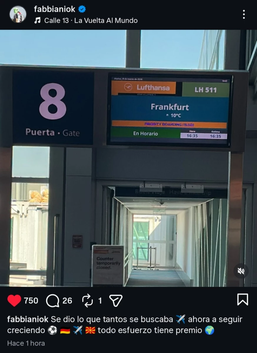 Foto:IG de Fabbiani. El propio técnico argentino posteó una foto de su escala hacia Frankfurt, en conexión a Skopje