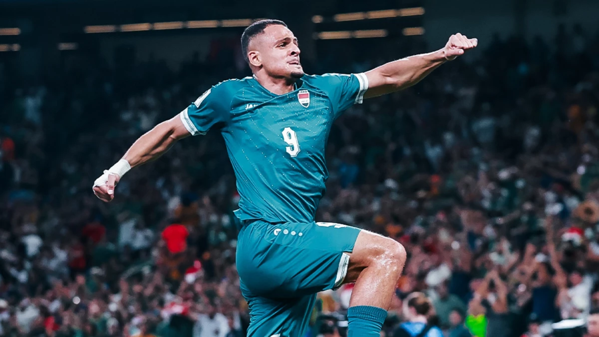 Foto: Alí Al Hamadi celebra el primer gol de Irak frente a Bolivia.