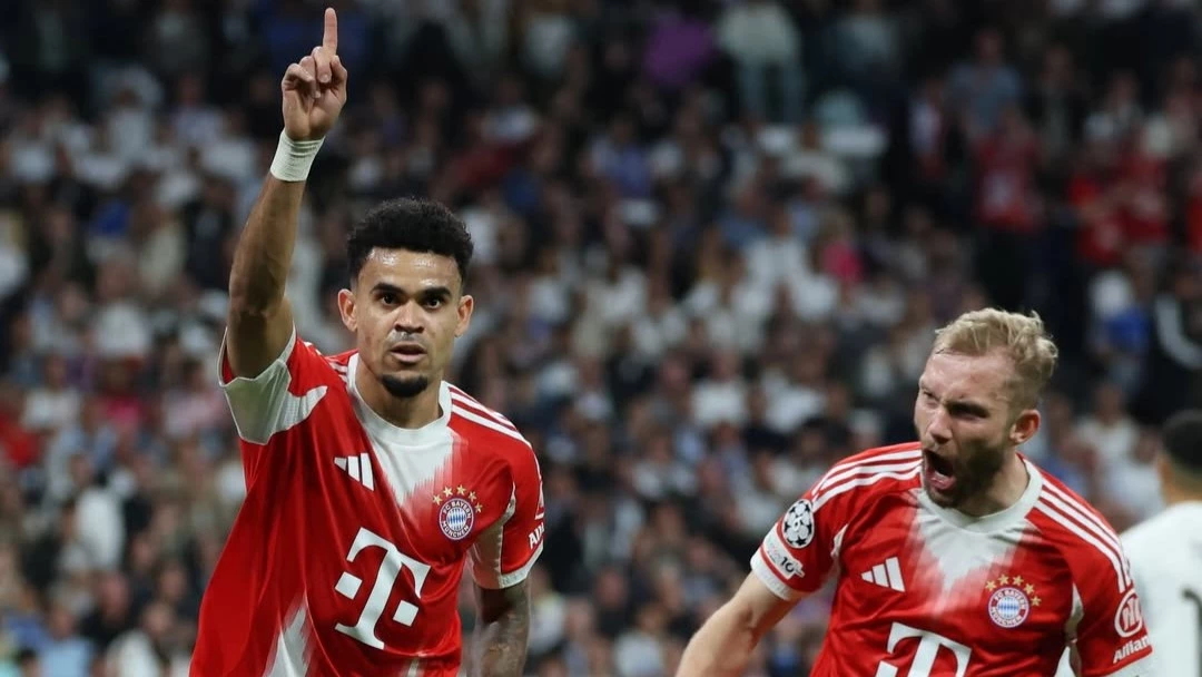 El letal colombiano Luis Diaz festeja su gol en el Bernabeu. foto: @uefa.