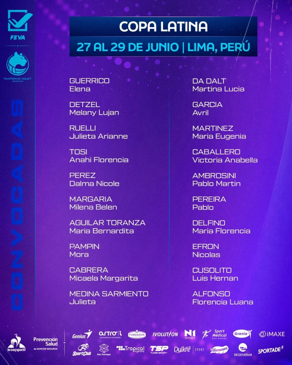 Foto: FEVA. La lista de convocadas para jugar la Copa Latina en Perú en el próximo fin de semana.