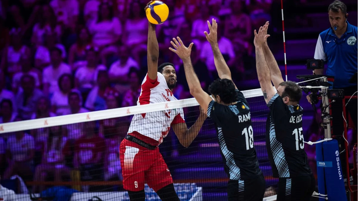 Foto: VNL. Argentina pudo controlar la potencia de Wilfredo Leon en especial en el primer set que fue un récord de duración