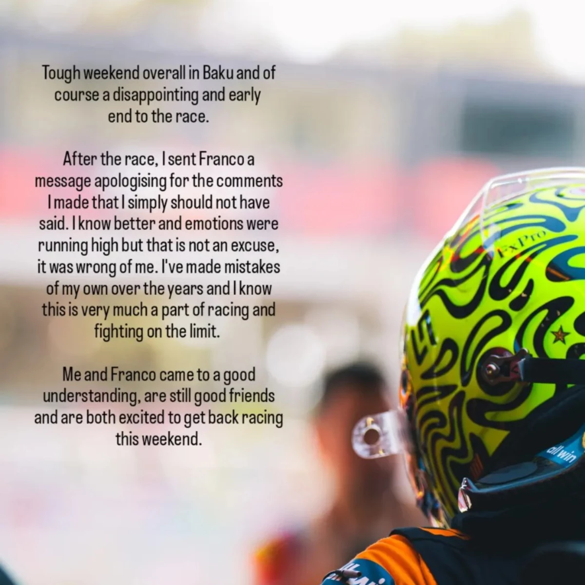 El comunicado con las disculpas de Lando Norris para Franco Colapinto. (Foto: IG @Lando)